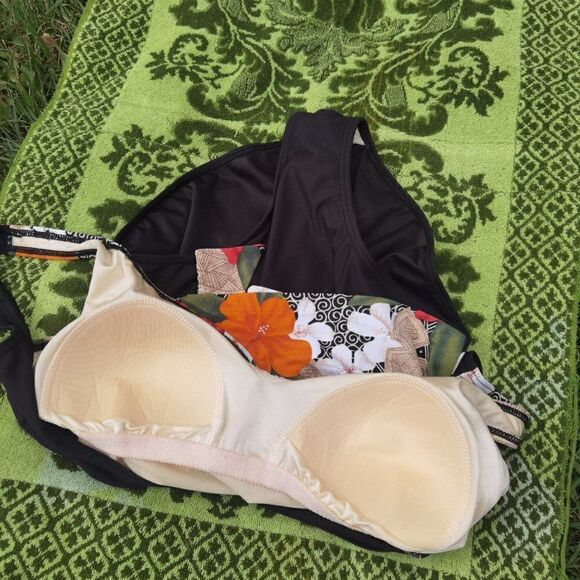 80s One Piece Tropical Swimsuit Floral Crossover Front With Plunge Low Back - Picture 7 of 8